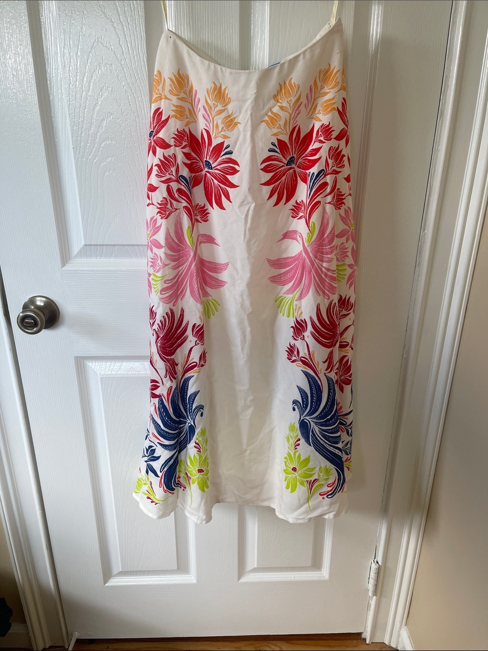 White Floral Maxi skirt with Red, Pink & Navy Embroidery